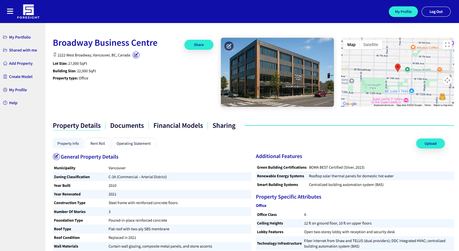 Foresight dashboard showing a property profile with AI-extracted financials, unit mix, and operating metrics